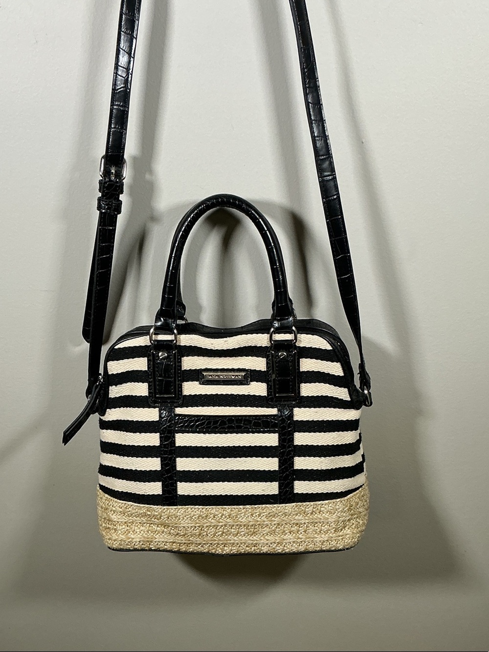 Dana Buchman Black White Straw Satchel Crossbody Bag Woven Top Handle Resort